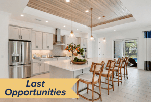 A white, well lit kitchen with a white marble counters and black finishings, a kitchen island with four lights hanging from a wooden ceiling feature with a graphic in the bottom left saying "Last Opportunities"