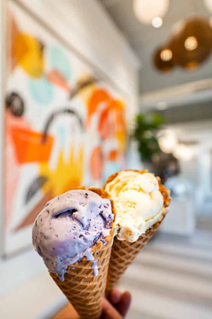 Two cones of bright colorful ice creames held up to show the colorful large wall painting in the Bright Ice Scoop Shop in Wellen Park