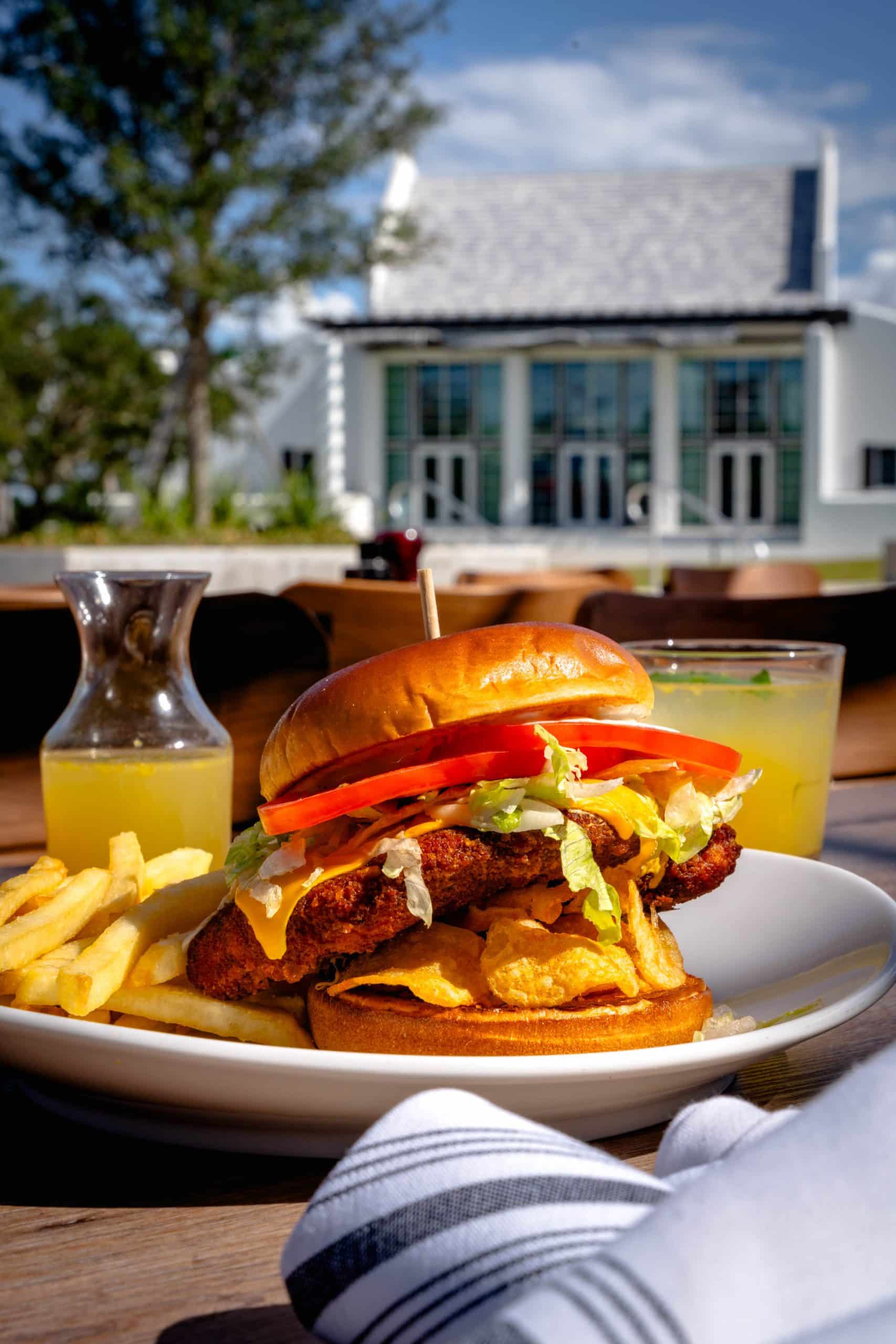 A plate with a large burger and fries with a drink in the background