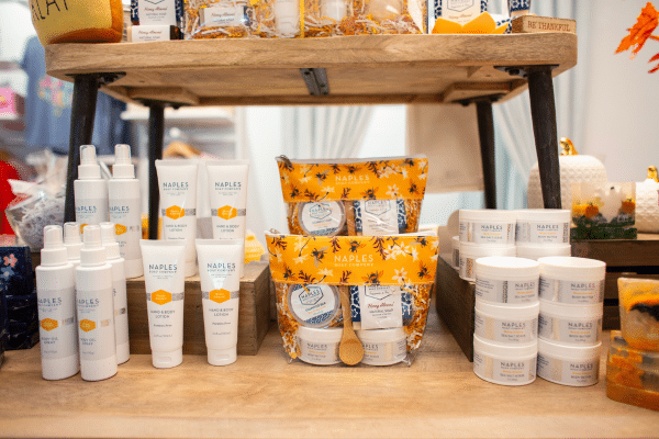 A neatly organized assortment of products from the naples soap store