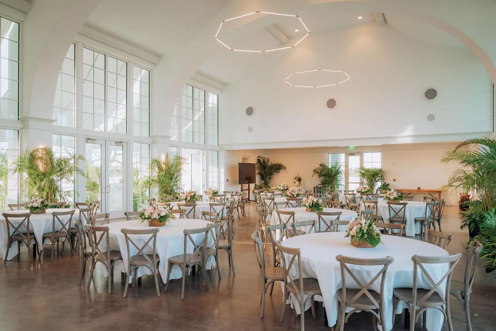 Solis Hall set for a reception, showcasing one of Venice’s premier private event venues and event spaces to rent.