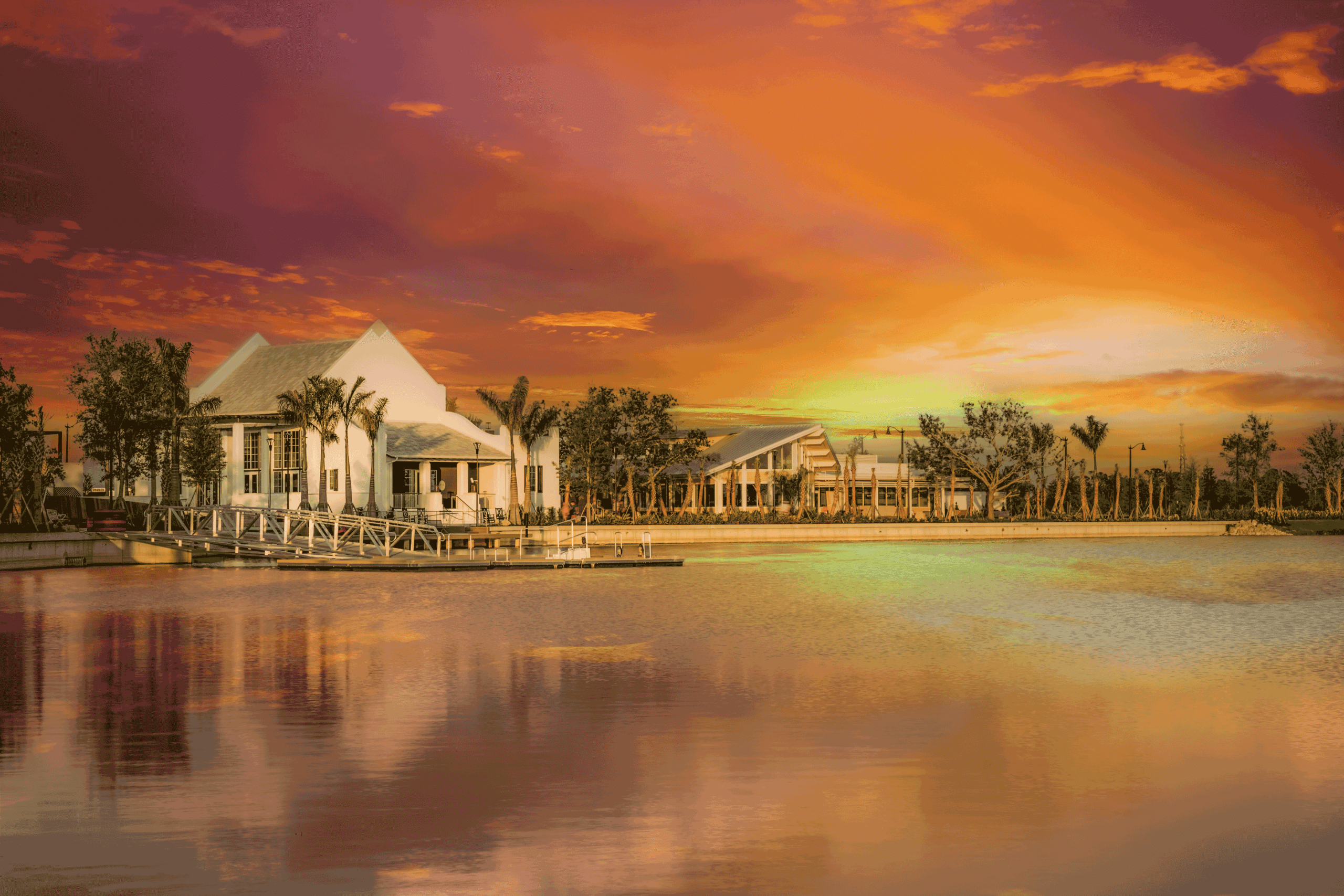Solis Hall at sunset, a Venice venue known for its scenic waterfront and private event space rentals.