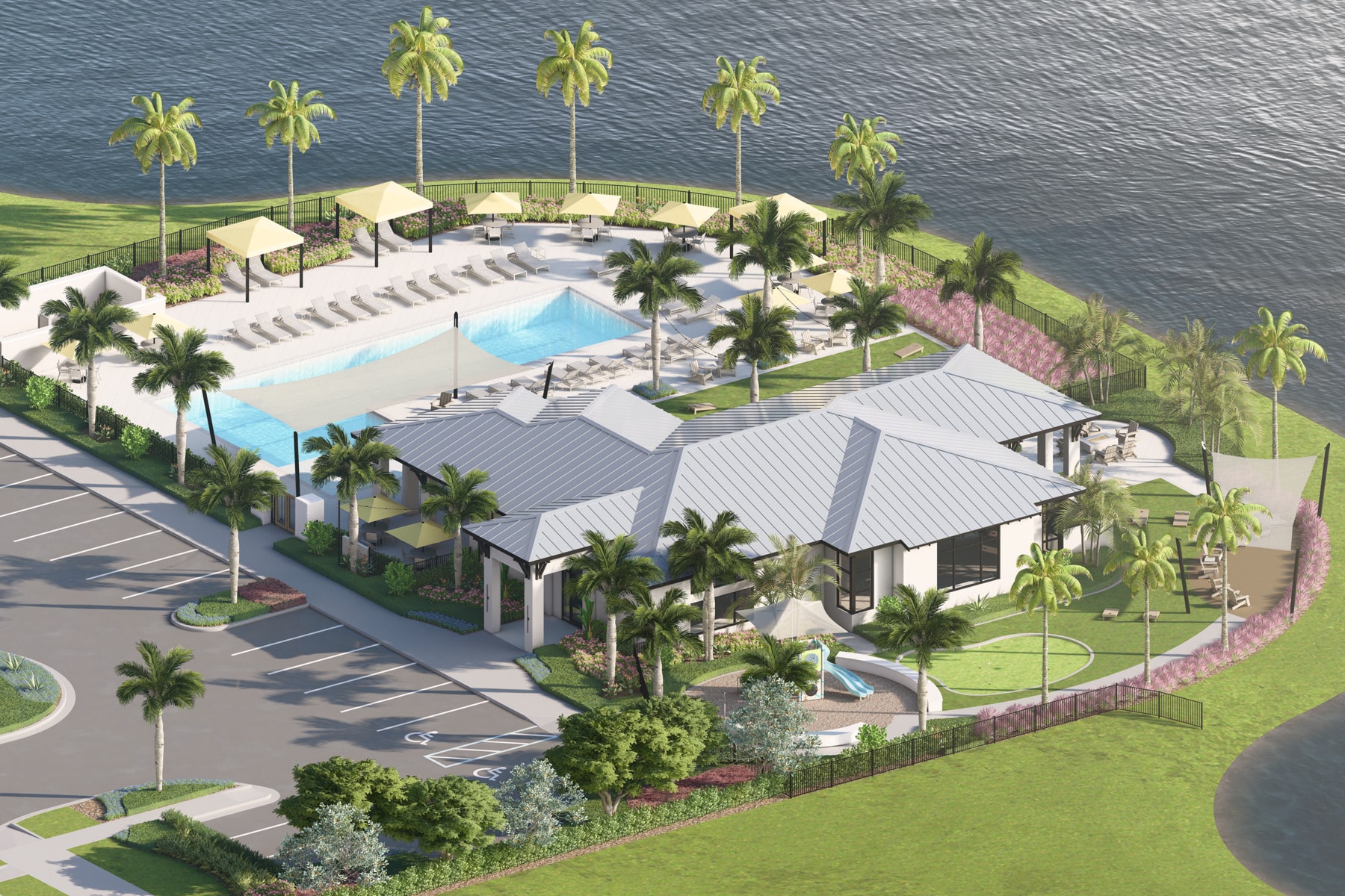 An aerial view of the clubhouse at Sunstone Lakeside residential community at Wellen Park