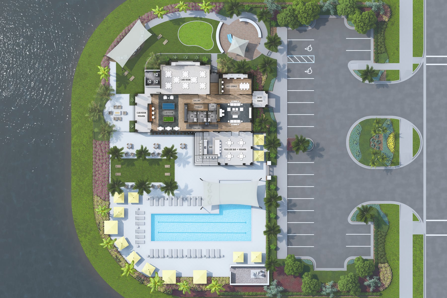 An aerial view of the clubhouse at Sunstone Lakeside residential community at Wellen Park