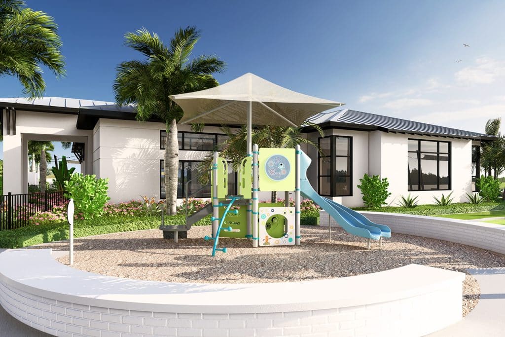 An outdoor playground next to a clubhouse at Sunstone Lakeside residential community