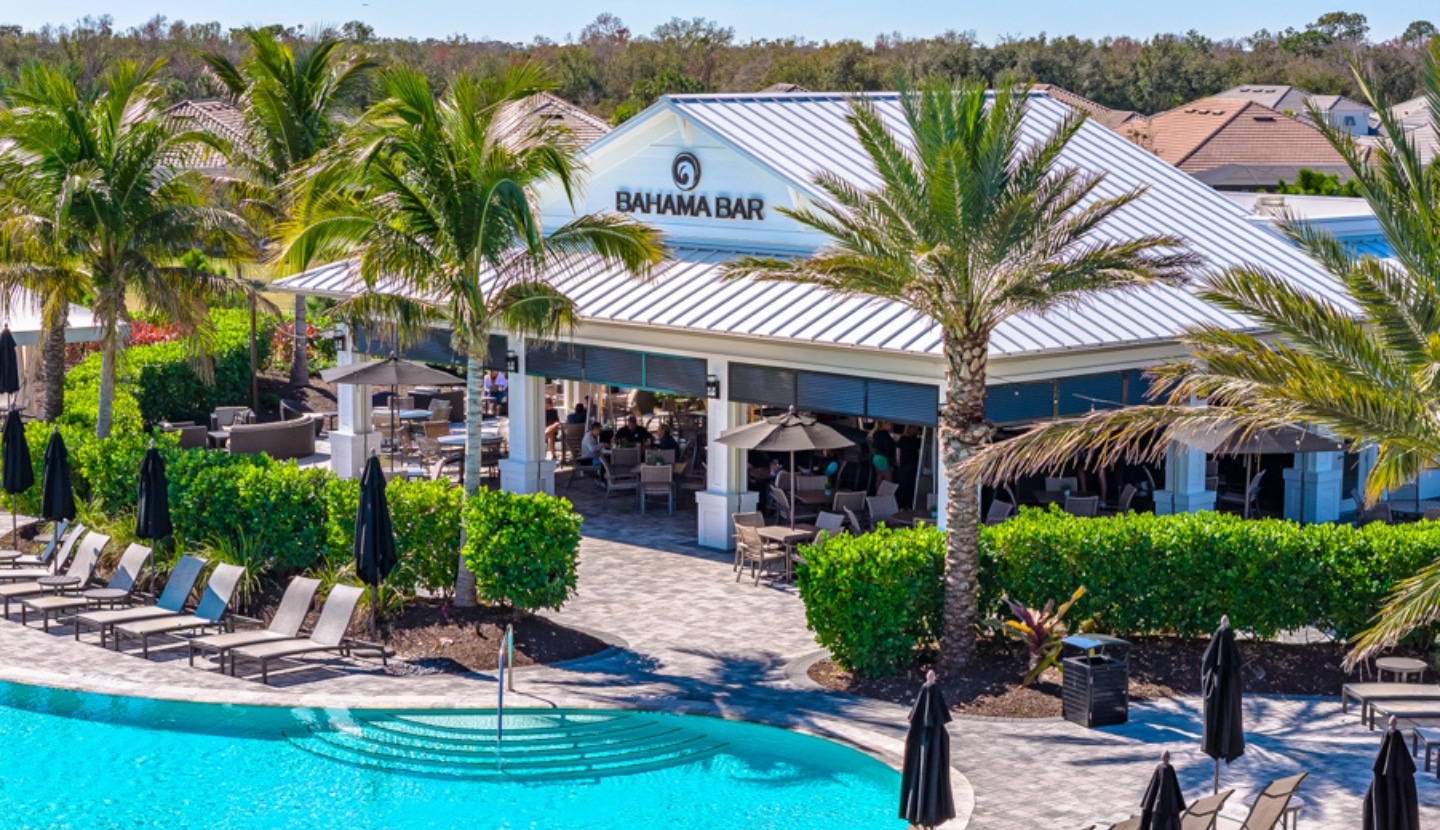 A resort style, outdoor bar called the 'Bahama Bar' situatied by the pool at the Esplanade community at Wellen Park