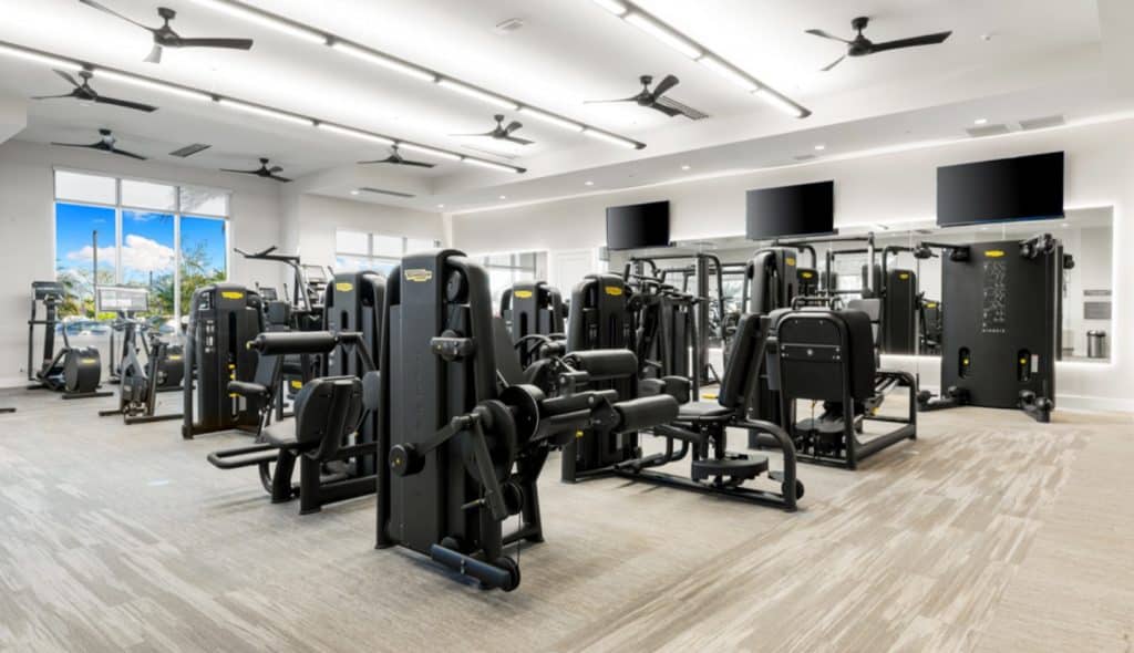 A fitness center with cable machines, elipticals, treadmills and TV's at the Esplanade community at Wellen Park