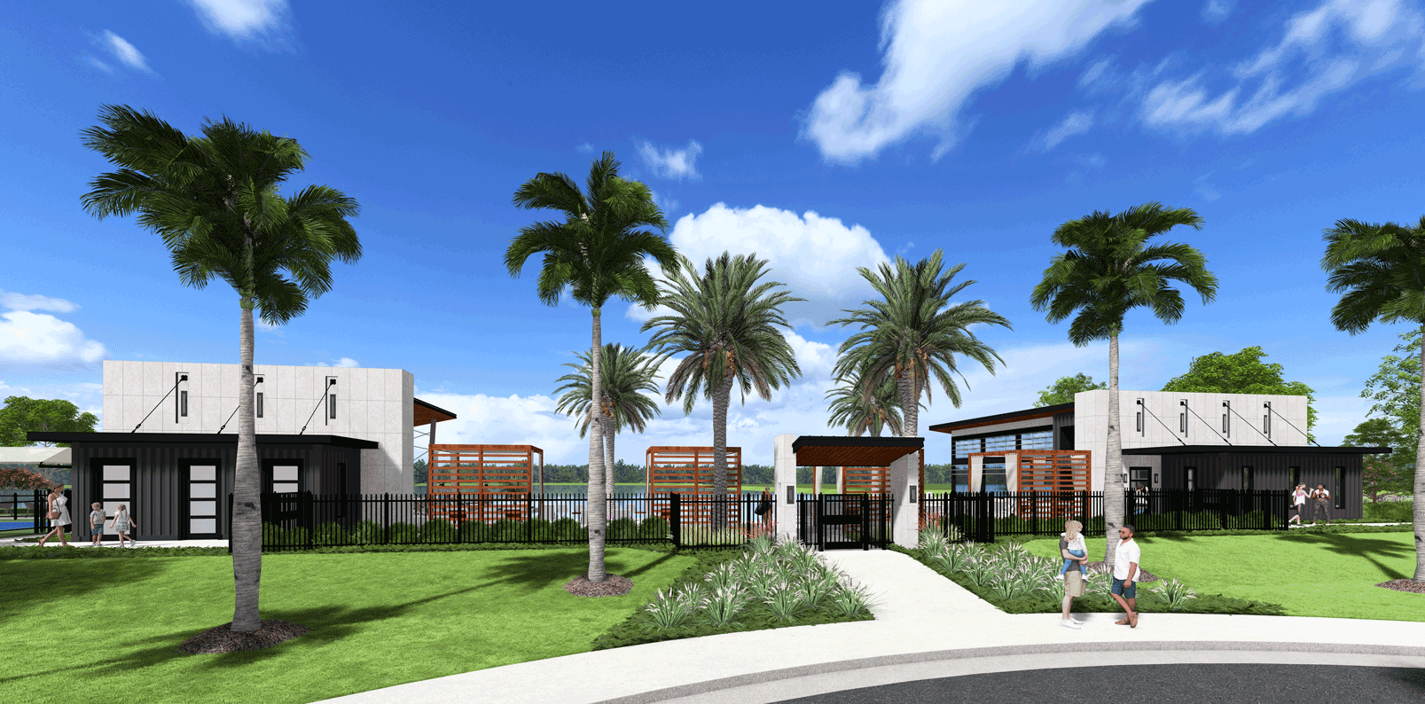A luxury amenity center at Westlake residential community at Wellen Park with lakefront views, fitness center, and resort-style pool