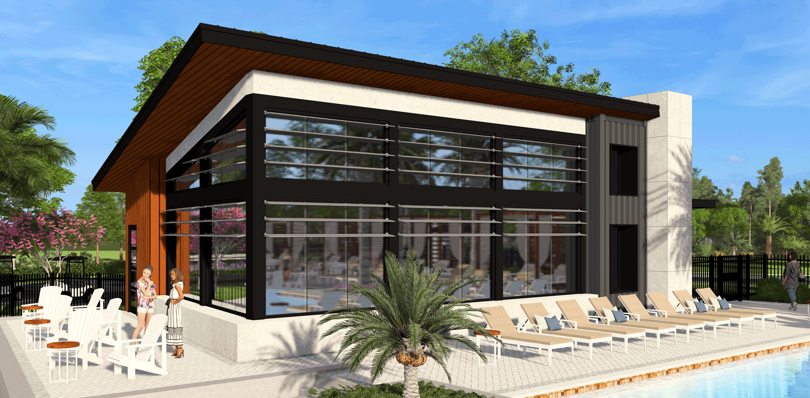 A fitness center at the Westlake residential community at Wellen Park adjacent to the pool