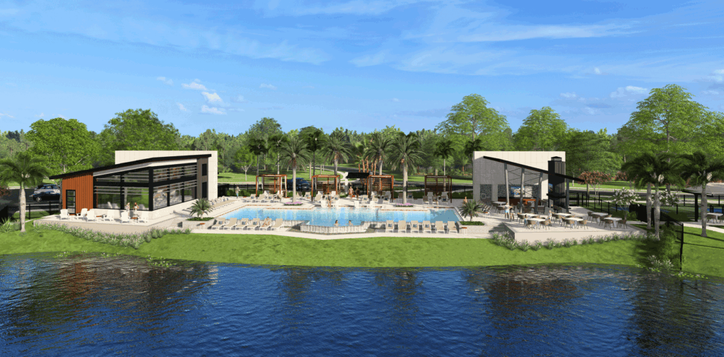 A lakefront resort-style pool and clubhouse with panoramic waterfront views, luxury outdoor seating, landscaping, and contemporary community amenities.