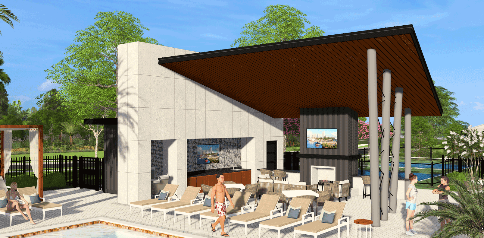 A luxury pool pavilion at Westlake in Wellen Park with outdoor lounge seating, integrated bar and entertainment area, resort-style amenities, shaded patio, and landscaped recreation space.