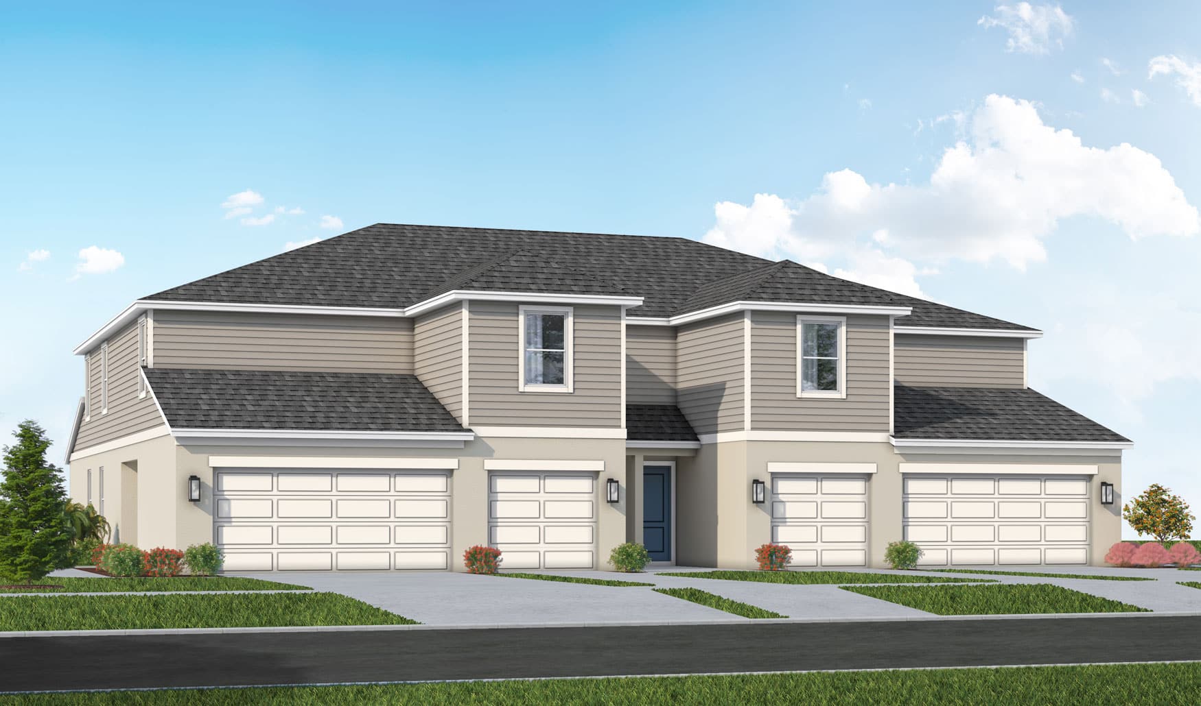 Architectural rendering of a new SimplyDwell Homes townhome in Madera at Wellen Park, highlighting spacious multi-car garages, coastal exterior finishes, and thoughtfully designed curb appeal.