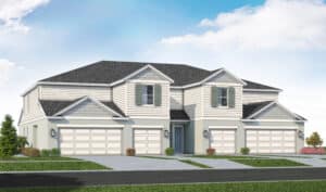 Front elevation rendering of a SimplyDwell Homes townhome in the Madera neighborhood at Wellen Park, showcasing light gray siding, decorative shutters, and modern Florida-style design.