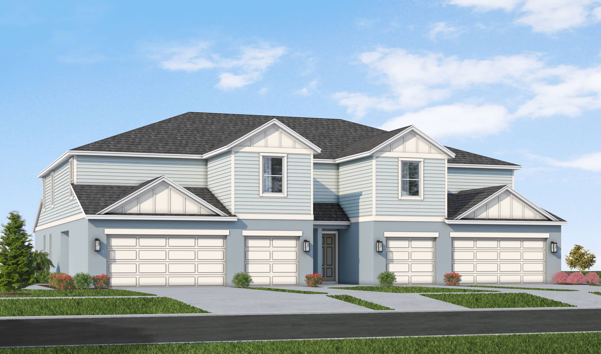 Front exterior rendering of a SimplyDwell Homes townhome in the Madera neighborhood at Wellen Park, featuring coastal-inspired blue siding, multiple garages, and contemporary architectural details.